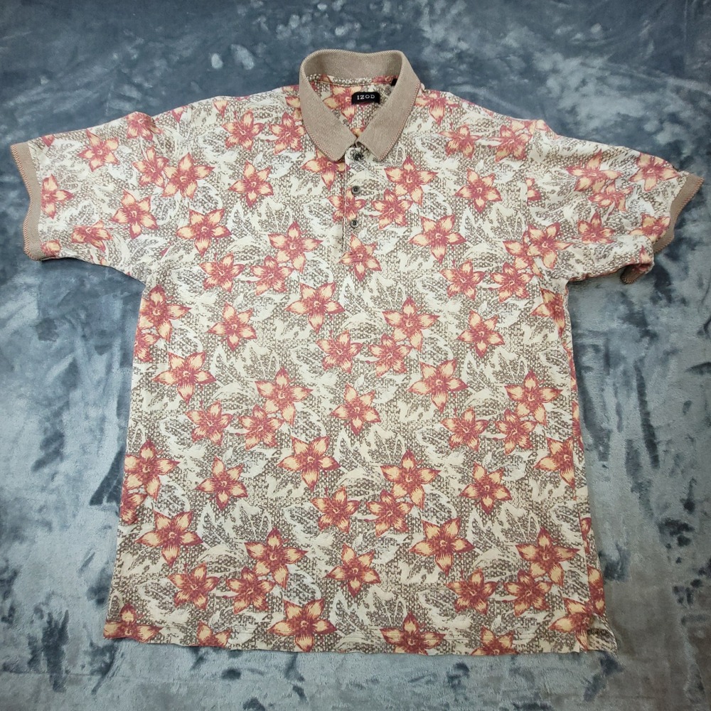 VTG Izod Mens Large Floral Hibiscus Polo Shirt Tan Orange Short Sleeve Cotton